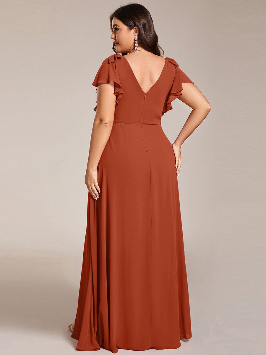 pretty ROSY|Plus Size Split Ruffles Sleeves with Bowknot Double V-neck Chiffon Bridesmaid Dress