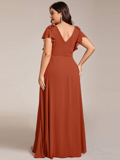 pretty ROSY|Plus Size Split Ruffles Sleeves with Bowknot Double V-neck Chiffon Bridesmaid Dress