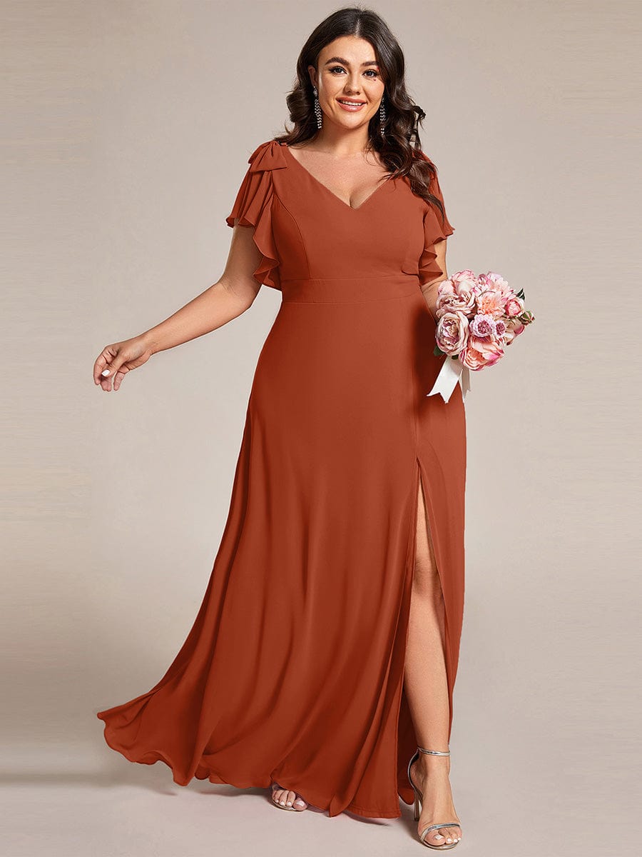 pretty ROSY|Plus Size Split Ruffles Sleeves with Bowknot Double V-neck Chiffon Bridesmaid Dress