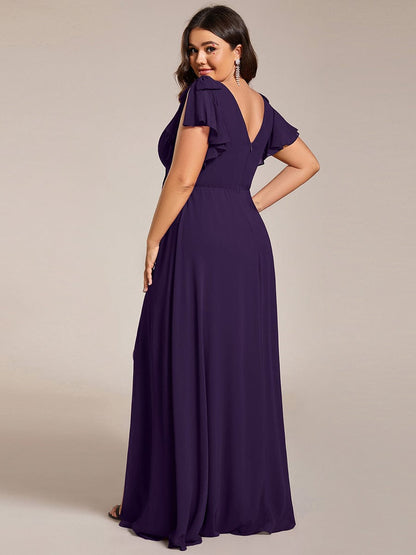 pretty ROSY|Plus Size Split Ruffles Sleeves with Bowknot Double V-neck Chiffon Bridesmaid Dress