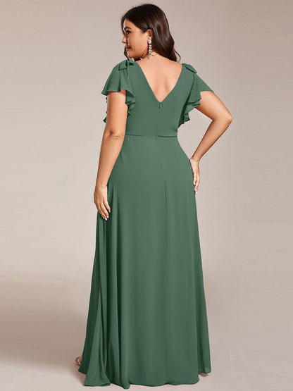 pretty ROSY|Plus Size Split Ruffles Sleeves with Bowknot Double V-neck Chiffon Bridesmaid Dress