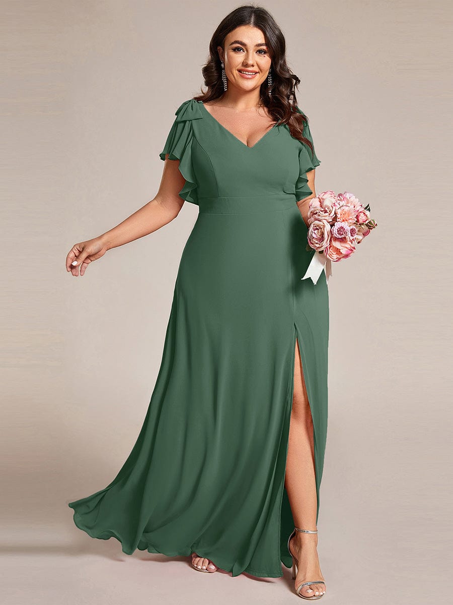 pretty ROSY|Plus Size Split Ruffles Sleeves with Bowknot Double V-neck Chiffon Bridesmaid Dress