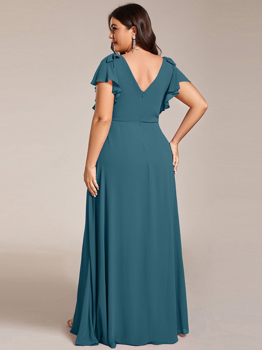 pretty ROSY|Plus Size Split Ruffles Sleeves with Bowknot Double V-neck Chiffon Bridesmaid Dress