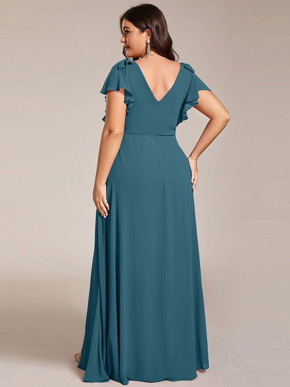 pretty ROSY|Plus Size Split Ruffles Sleeves with Bowknot Double V-neck Chiffon Bridesmaid Dress