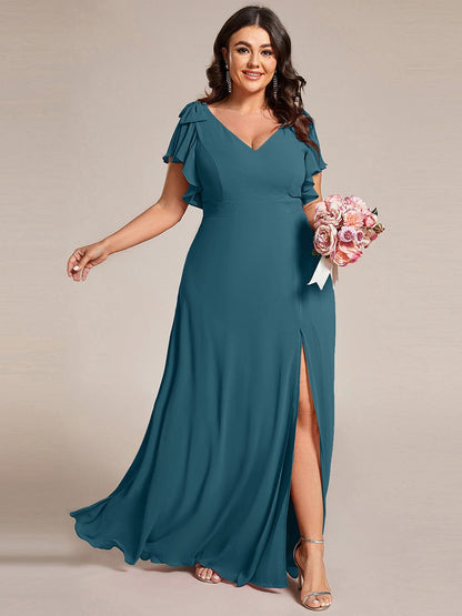 pretty ROSY|Plus Size Split Ruffles Sleeves with Bowknot Double V-neck Chiffon Bridesmaid Dress