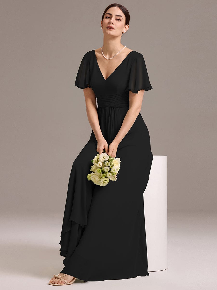 ever DAMIA|Chiffon Double V-Neck A-Line Ruffled Sleeves Bridesmaid Dress with Asymmetrical Hem