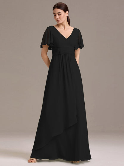 ever DAMIA|Chiffon Double V-Neck A-Line Ruffled Sleeves Bridesmaid Dress with Asymmetrical Hem