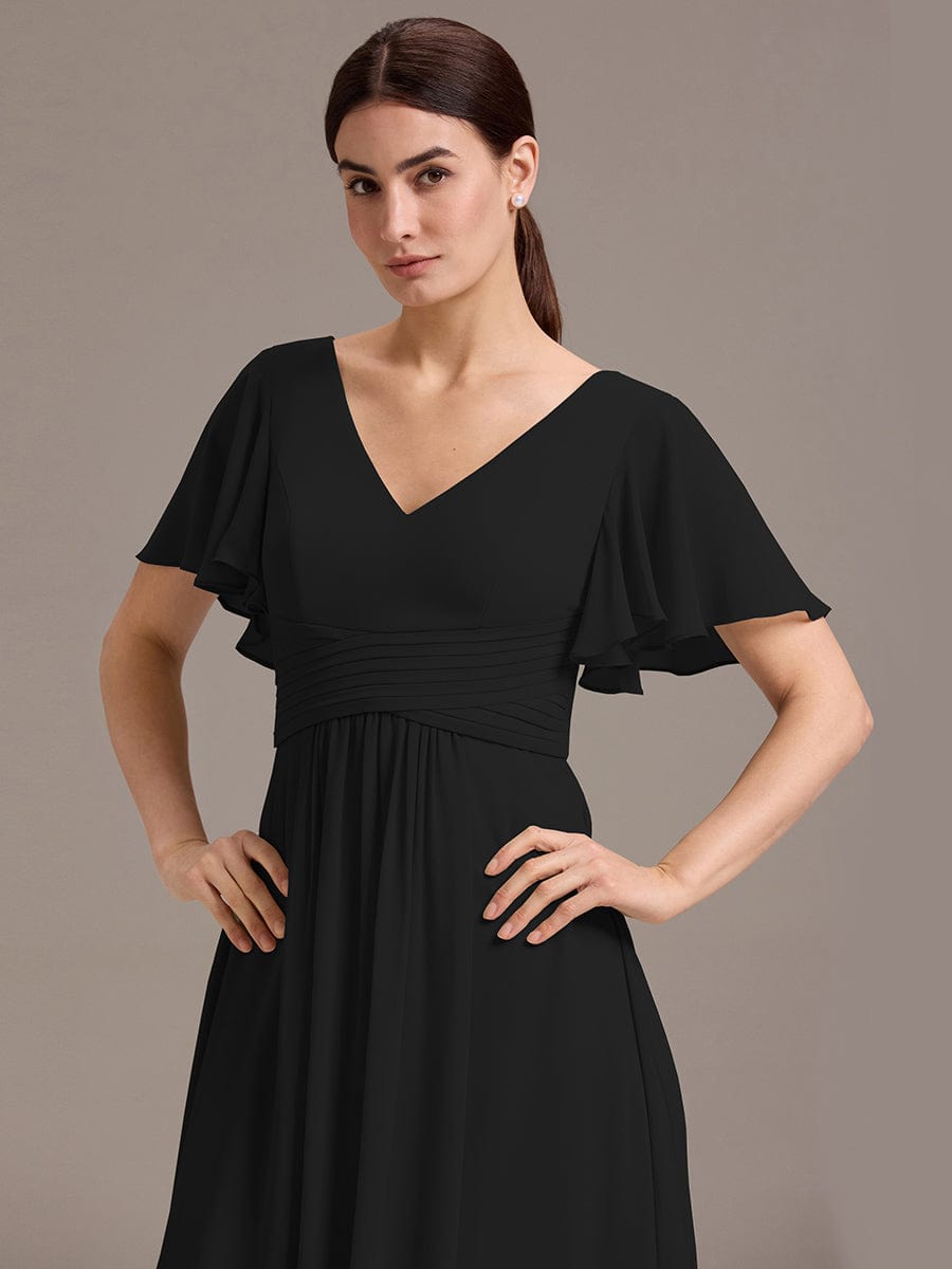 ever DAMIA|Chiffon Double V-Neck A-Line Ruffled Sleeves Bridesmaid Dress with Asymmetrical Hem