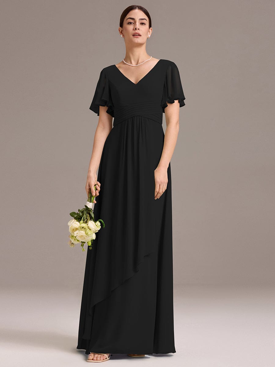 ever DAMIA|Chiffon Double V-Neck A-Line Ruffled Sleeves Bridesmaid Dress with Asymmetrical Hem