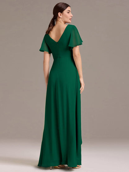 ever DAMIA|Chiffon Double V-Neck A-Line Ruffled Sleeves Bridesmaid Dress with Asymmetrical Hem