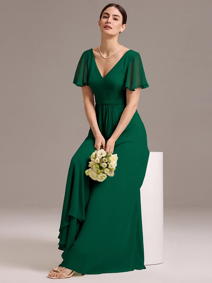 ever DAMIA|Chiffon Double V-Neck A-Line Ruffled Sleeves Bridesmaid Dress with Asymmetrical Hem