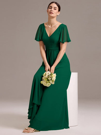 ever DAMIA|Chiffon Double V-Neck A-Line Ruffled Sleeves Bridesmaid Dress with Asymmetrical Hem