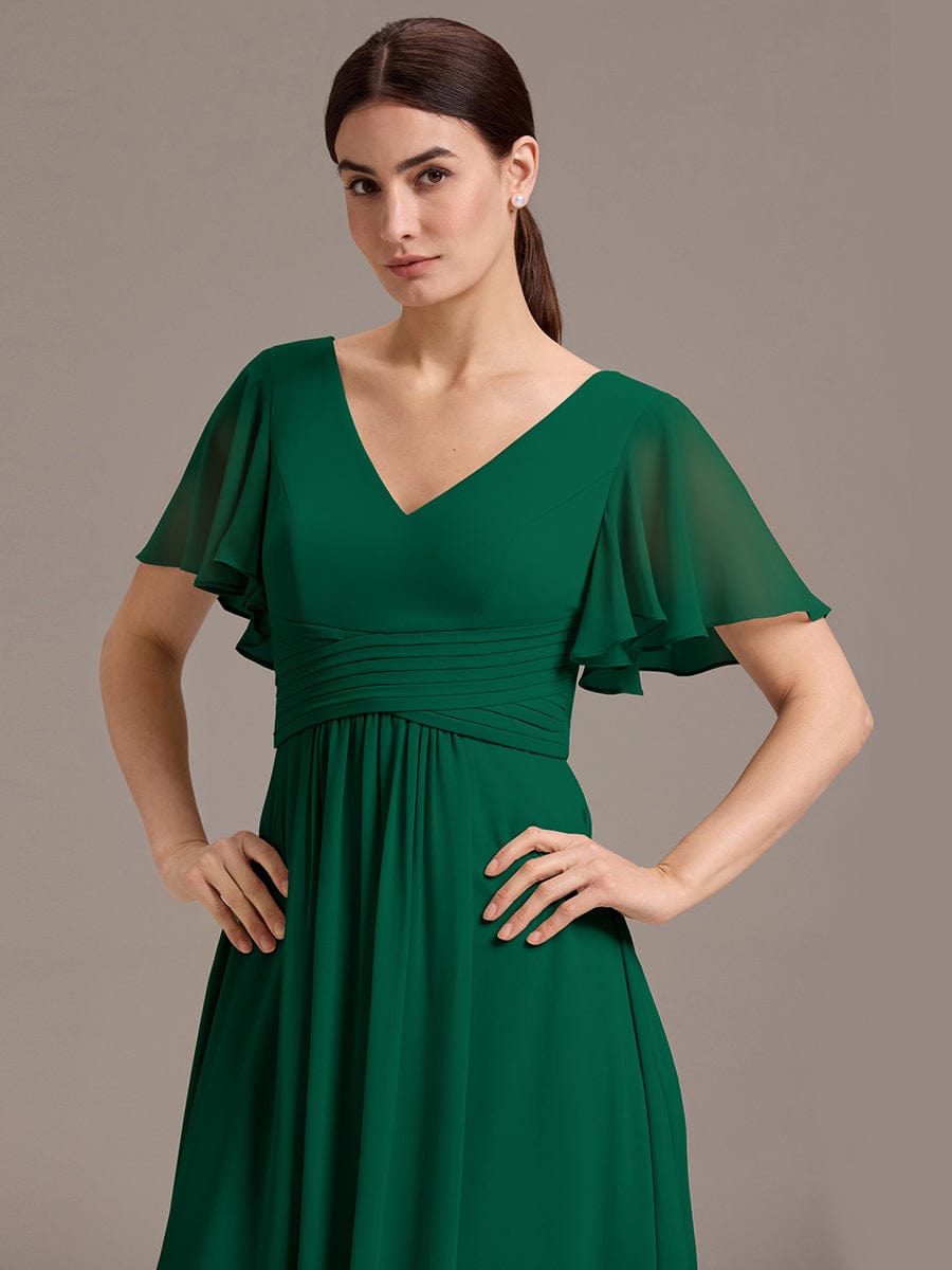 ever DAMIA|Chiffon Double V-Neck A-Line Ruffled Sleeves Bridesmaid Dress with Asymmetrical Hem