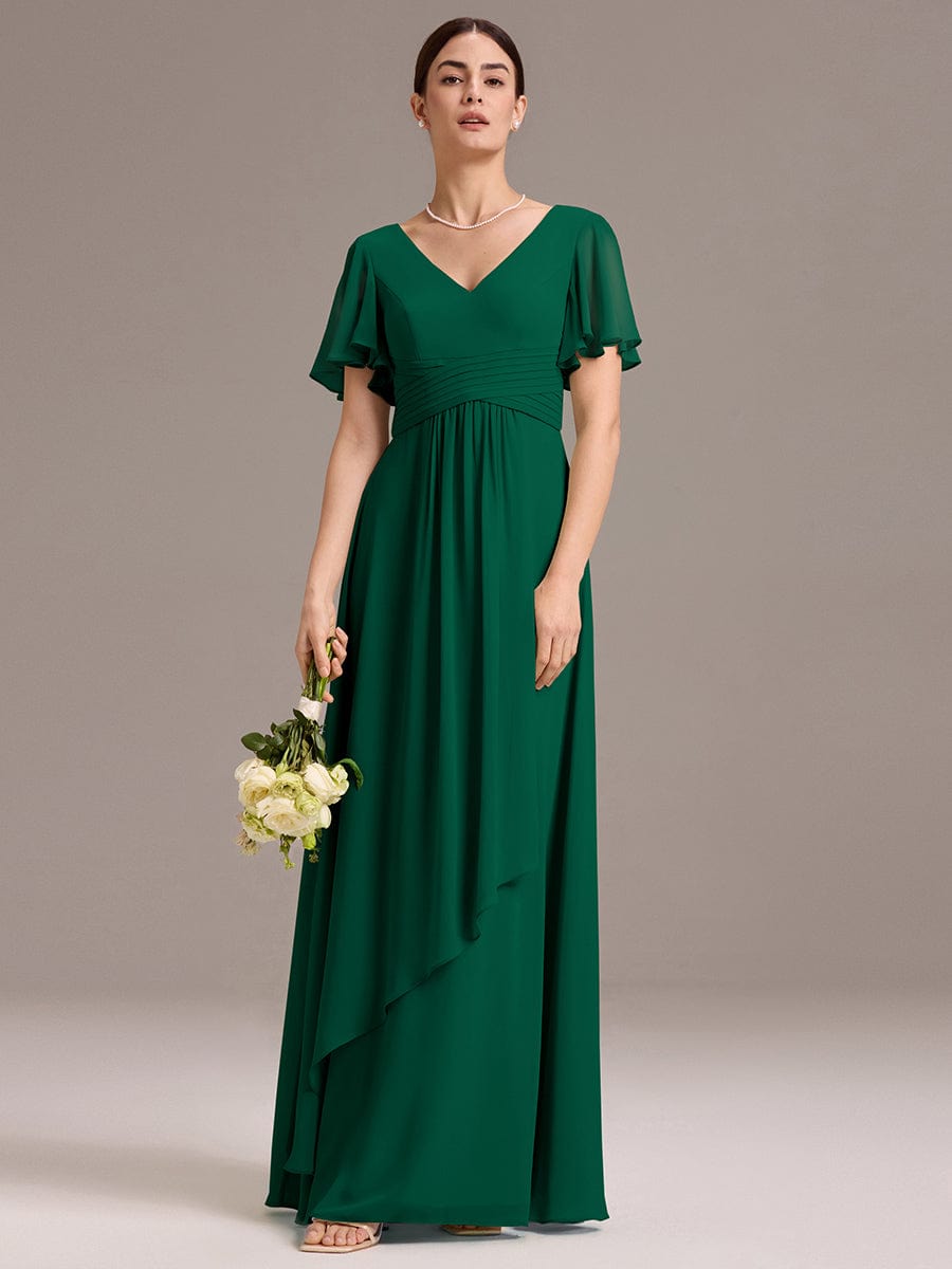 ever DAMIA|Chiffon Double V-Neck A-Line Ruffled Sleeves Bridesmaid Dress with Asymmetrical Hem