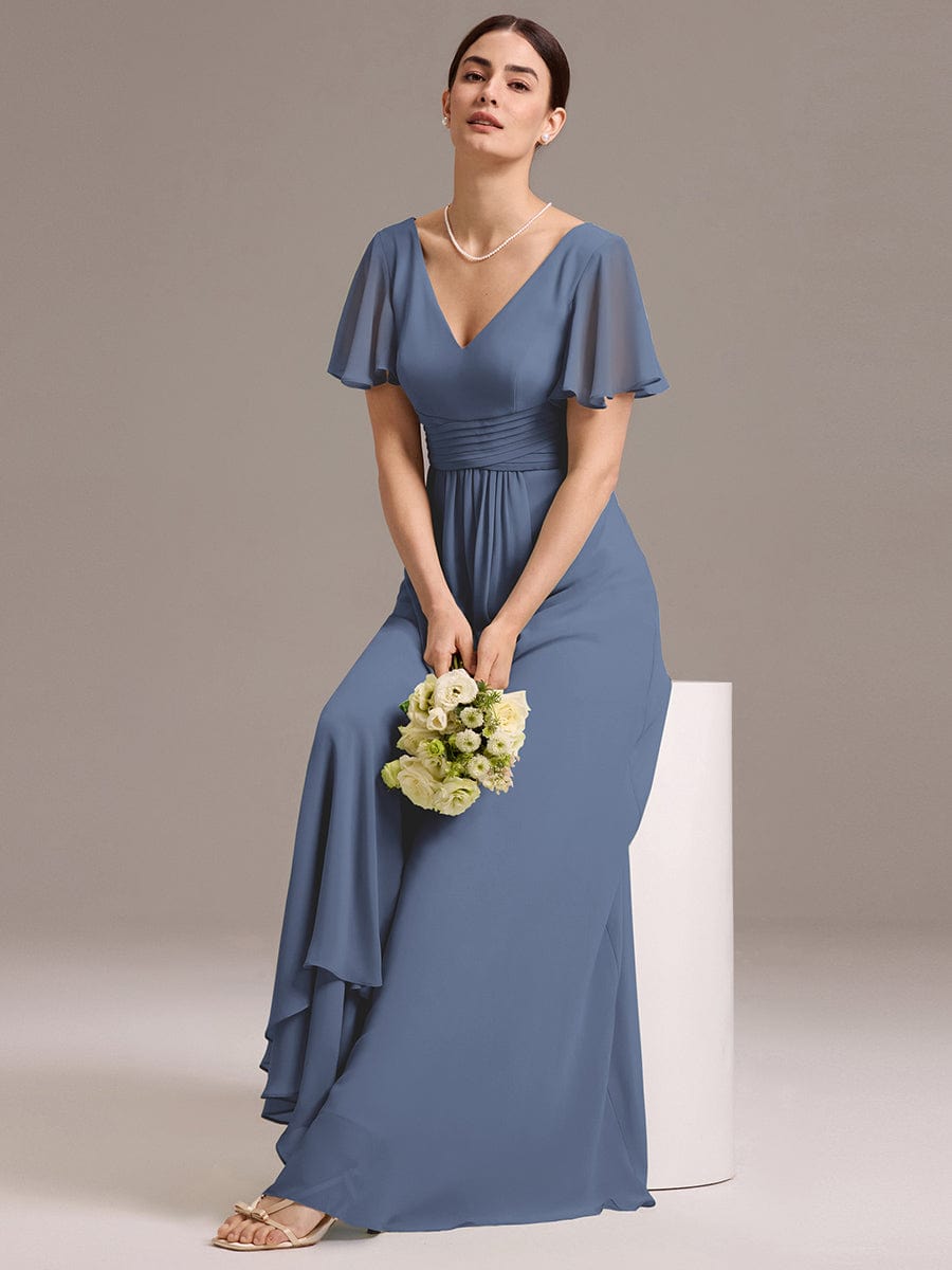 ever DAMIA|Chiffon Double V-Neck A-Line Ruffled Sleeves Bridesmaid Dress with Asymmetrical Hem