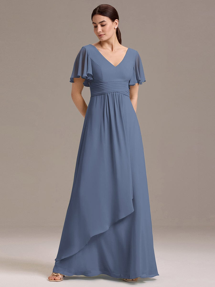 ever DAMIA|Chiffon Double V-Neck A-Line Ruffled Sleeves Bridesmaid Dress with Asymmetrical Hem