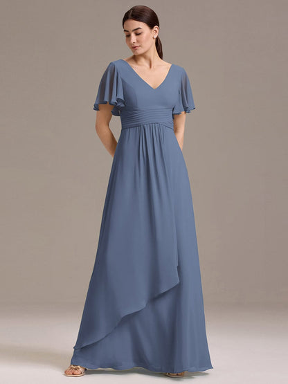 ever DAMIA|Chiffon Double V-Neck A-Line Ruffled Sleeves Bridesmaid Dress with Asymmetrical Hem