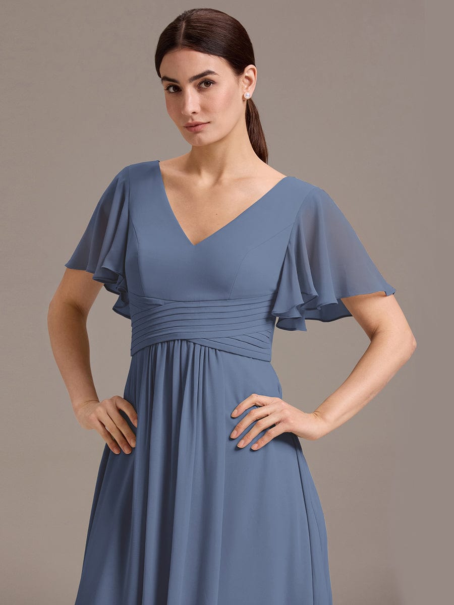 ever DAMIA|Chiffon Double V-Neck A-Line Ruffled Sleeves Bridesmaid Dress with Asymmetrical Hem