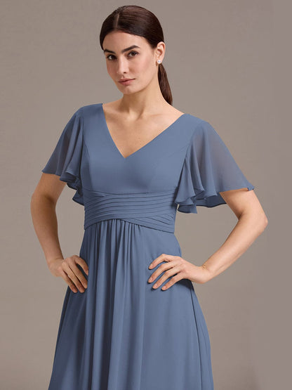 ever DAMIA|Chiffon Double V-Neck A-Line Ruffled Sleeves Bridesmaid Dress with Asymmetrical Hem