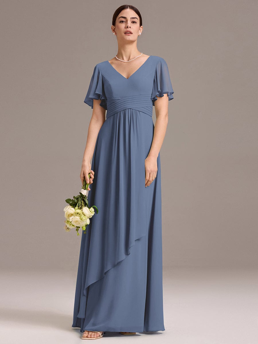 ever DAMIA|Chiffon Double V-Neck A-Line Ruffled Sleeves Bridesmaid Dress with Asymmetrical Hem