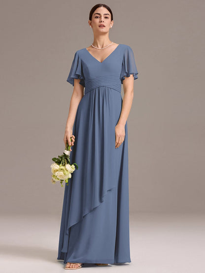 ever DAMIA|Chiffon Double V-Neck A-Line Ruffled Sleeves Bridesmaid Dress with Asymmetrical Hem