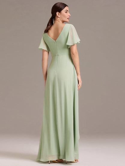 ever DAMIA|Chiffon Double V-Neck A-Line Ruffled Sleeves Bridesmaid Dress with Asymmetrical Hem