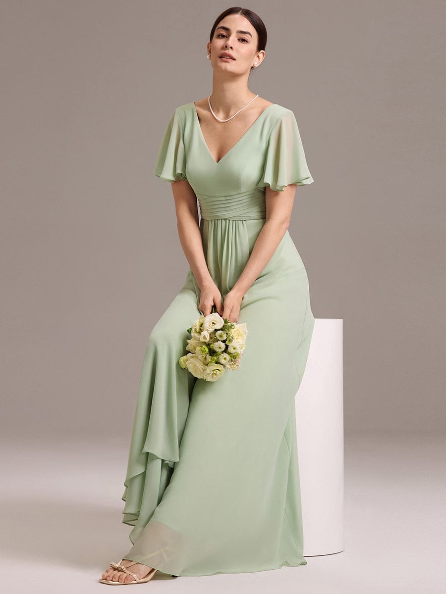 ever DAMIA|Chiffon Double V-Neck A-Line Ruffled Sleeves Bridesmaid Dress with Asymmetrical Hem