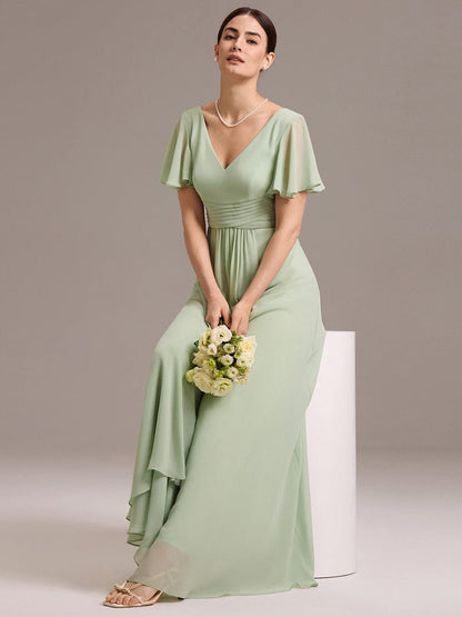 ever DAMIA|Chiffon Double V-Neck A-Line Ruffled Sleeves Bridesmaid Dress with Asymmetrical Hem