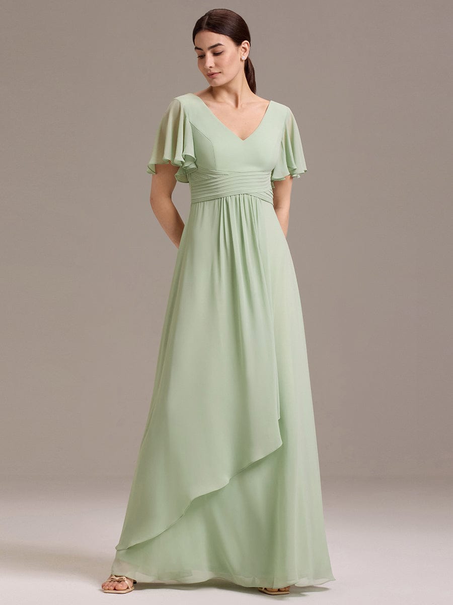 ever DAMIA|Chiffon Double V-Neck A-Line Ruffled Sleeves Bridesmaid Dress with Asymmetrical Hem