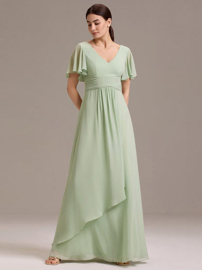 ever DAMIA|Chiffon Double V-Neck A-Line Ruffled Sleeves Bridesmaid Dress with Asymmetrical Hem