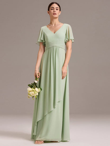 ever DAMIA|Chiffon Double V-Neck A-Line Ruffled Sleeves Bridesmaid Dress with Asymmetrical Hem