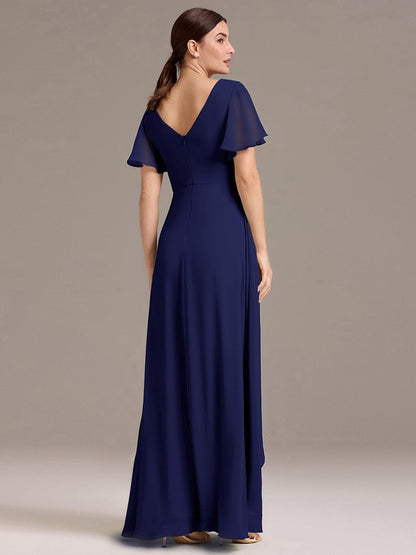 ever DAMIA|Chiffon Double V-Neck A-Line Ruffled Sleeves Bridesmaid Dress with Asymmetrical Hem