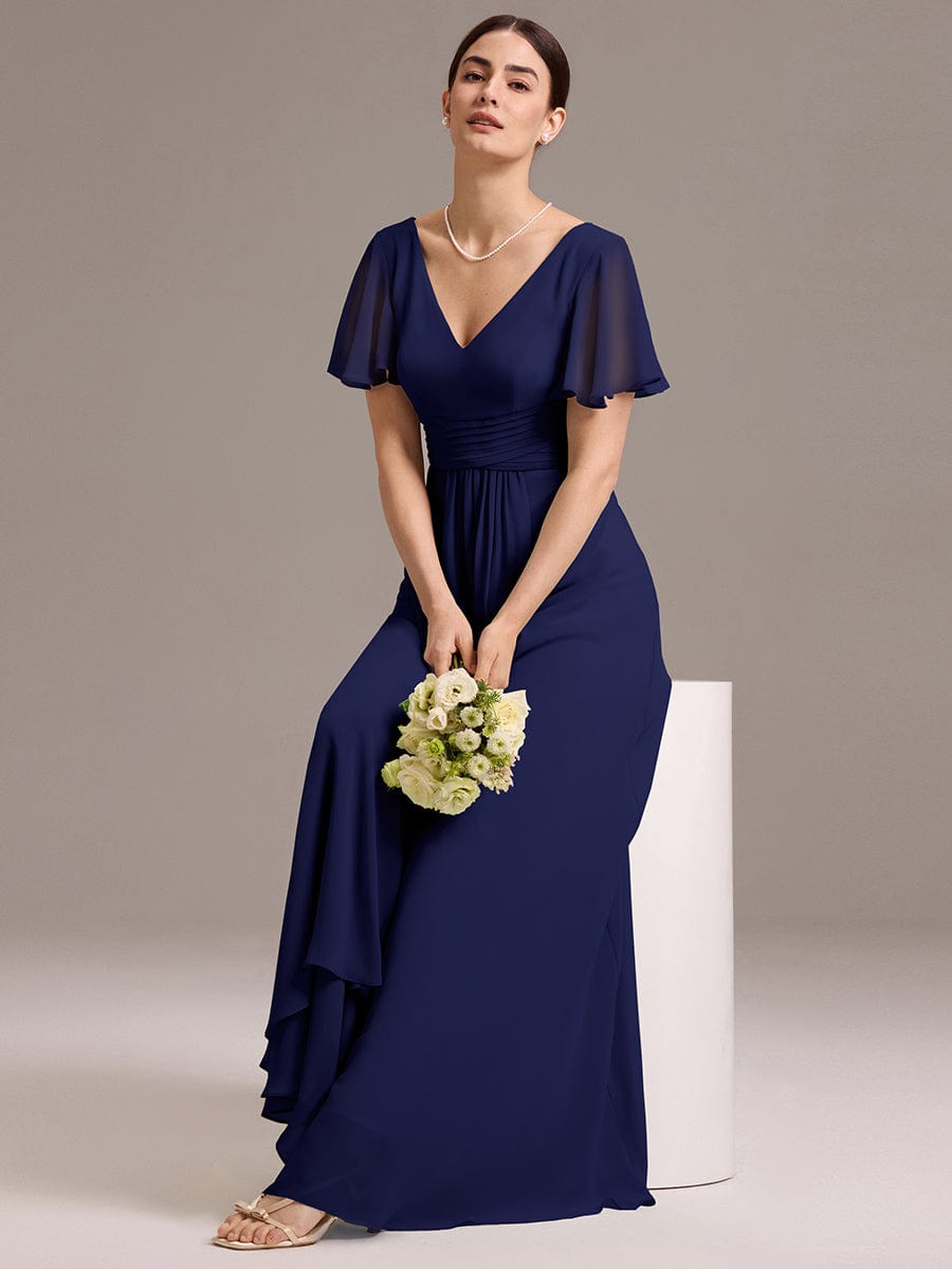 ever DAMIA|Chiffon Double V-Neck A-Line Ruffled Sleeves Bridesmaid Dress with Asymmetrical Hem