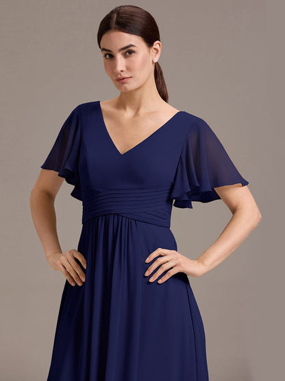 ever DAMIA|Chiffon Double V-Neck A-Line Ruffled Sleeves Bridesmaid Dress with Asymmetrical Hem
