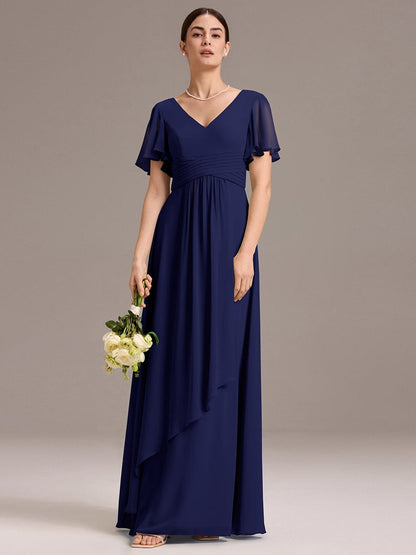 ever DAMIA|Chiffon Double V-Neck A-Line Ruffled Sleeves Bridesmaid Dress with Asymmetrical Hem