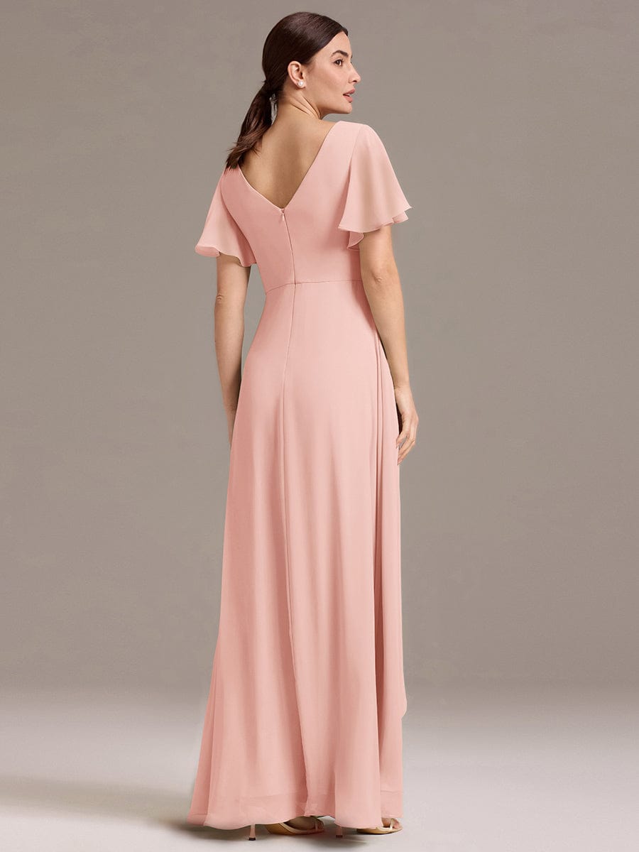 ever DAMIA|Chiffon Double V-Neck A-Line Ruffled Sleeves Bridesmaid Dress with Asymmetrical Hem
