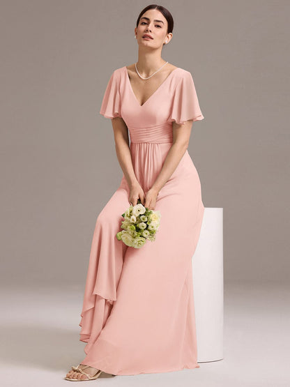 ever DAMIA|Chiffon Double V-Neck A-Line Ruffled Sleeves Bridesmaid Dress with Asymmetrical Hem