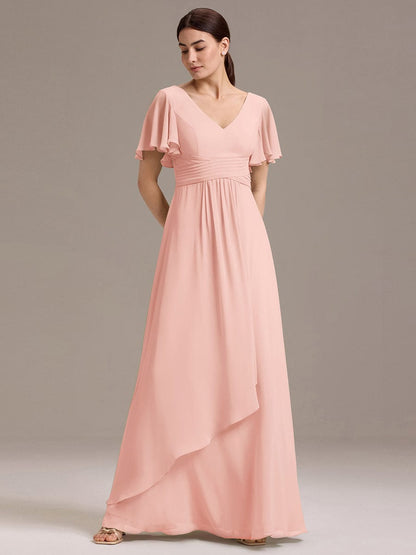ever DAMIA|Chiffon Double V-Neck A-Line Ruffled Sleeves Bridesmaid Dress with Asymmetrical Hem