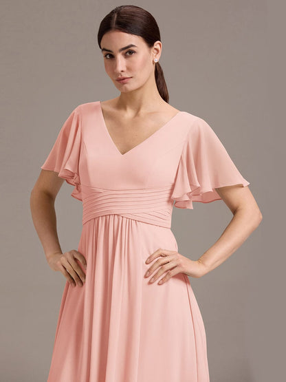 ever DAMIA|Chiffon Double V-Neck A-Line Ruffled Sleeves Bridesmaid Dress with Asymmetrical Hem