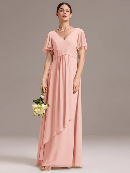 ever DAMIA|Chiffon Double V-Neck A-Line Ruffled Sleeves Bridesmaid Dress with Asymmetrical Hem