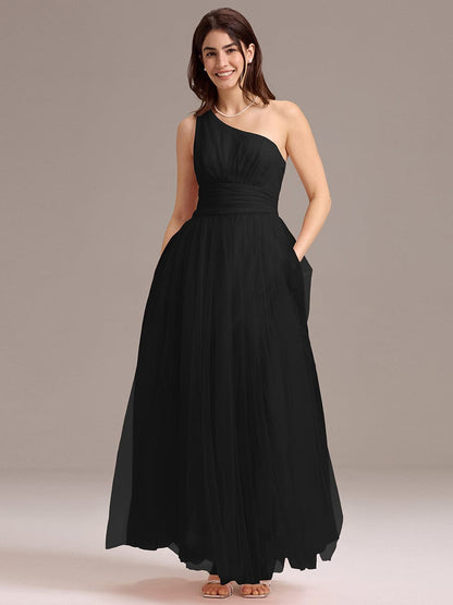 ever ARCADIA|Chic A-Line One-Shoulder Tulle Maxi Bridesmaid Dress