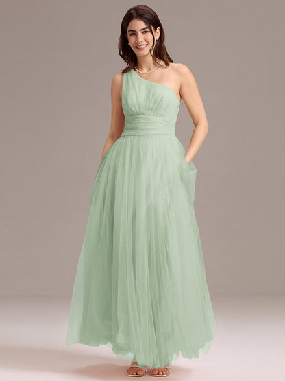ever ARCADIA|Chic A-Line One-Shoulder Tulle Maxi Bridesmaid Dress