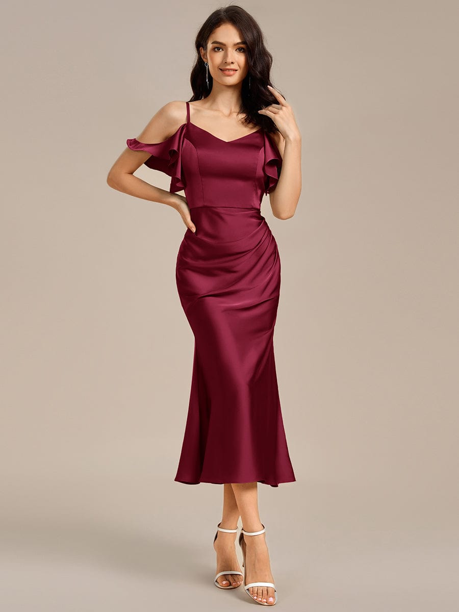 ever CALYNNE|Ruffled Off Shoulder Satin Midi Mermaid Bridesmaid Dress