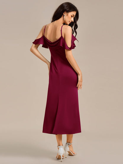 ever CALYNNE|Ruffled Off Shoulder Satin Midi Mermaid Bridesmaid Dress