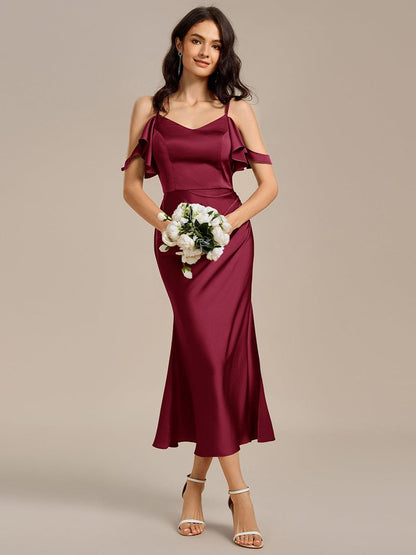 ever CALYNNE|Ruffled Off Shoulder Satin Midi Mermaid Bridesmaid Dress