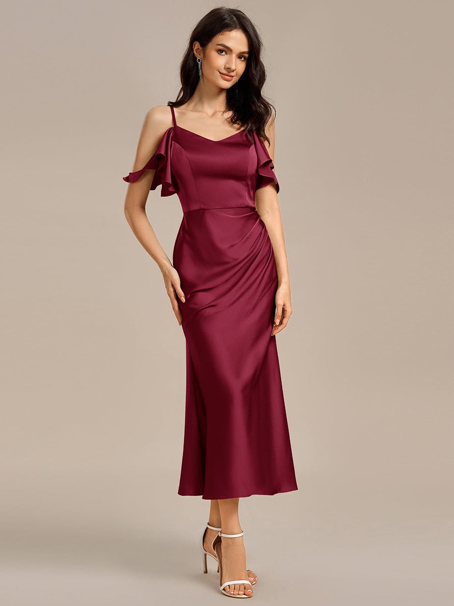 ever CALYNNE|Ruffled Off Shoulder Satin Midi Mermaid Bridesmaid Dress