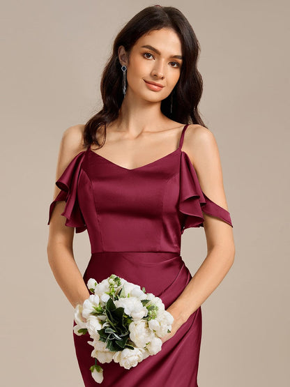 ever CALYNNE|Ruffled Off Shoulder Satin Midi Mermaid Bridesmaid Dress