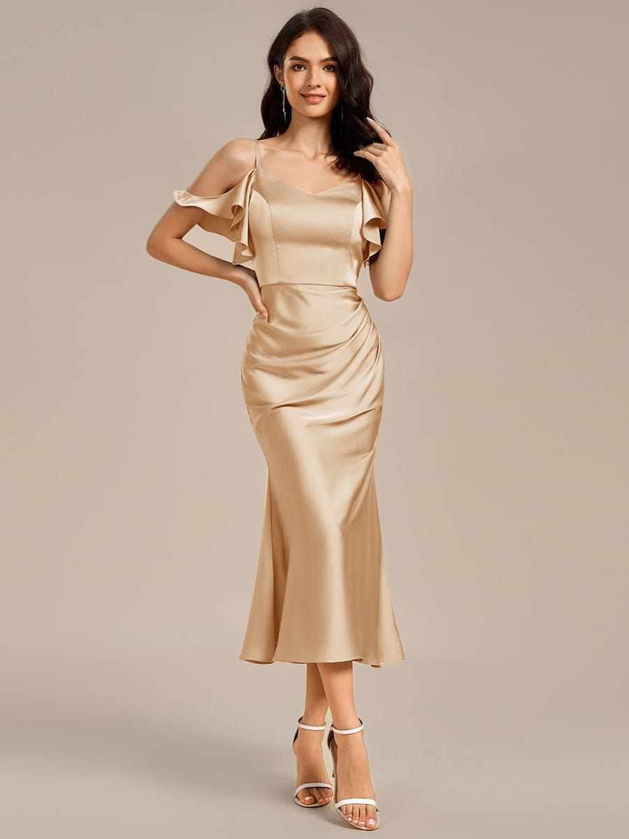 ever CALYNNE|Ruffled Off Shoulder Satin Midi Mermaid Bridesmaid Dress
