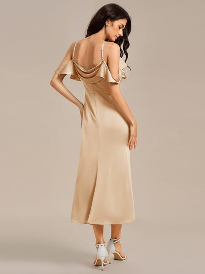 ever CALYNNE|Ruffled Off Shoulder Satin Midi Mermaid Bridesmaid Dress