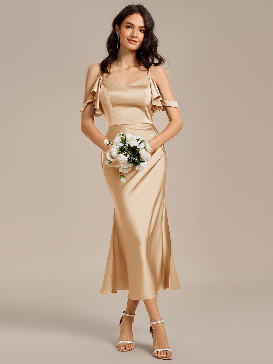 ever CALYNNE|Ruffled Off Shoulder Satin Midi Mermaid Bridesmaid Dress